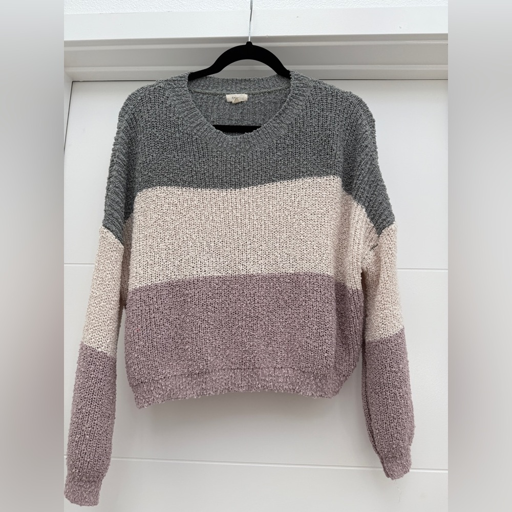 Debut Colorblock Knit Pullover Sweater Gray Cream Mauve Cozy Casual Fall Size M - Picture 1 of 6